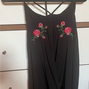 No Boundaries Black Top with Red Floral Embroidery